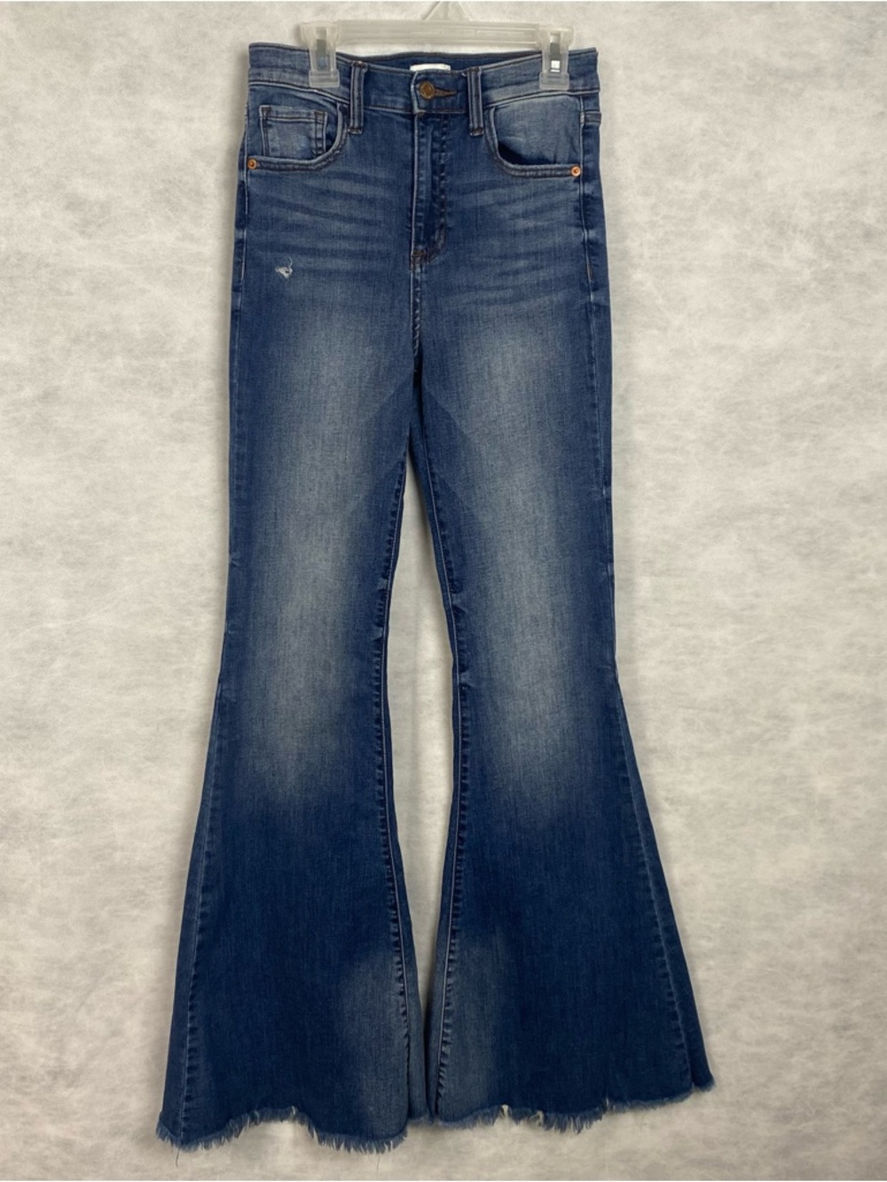 Sneak Peek Bell Bottom Jeans Sz 3 W26 Blue Distressed Hi Rise Raw Hem Flare Boho